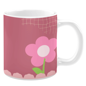 White ceramic 11oz mug featuring a minimalist design with a single pink flower with a green stem and leaves, set against a soft mauve background with a subtle grid pattern and scalloped accents at the base.