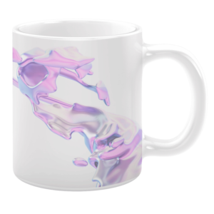 White ceramic 11oz mug featuring an abstract design with iridescent pink and purple fluid-like shapes against a plain white background.