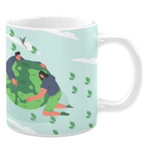 White ceramic 11oz mug featuring an illustration of two people embracing a lush green Earth, surrounded by floating leaves and a hummingbird, set against a pale blue background with fluffy white clouds, promoting harmony and environmental care.