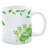 White ceramic 11oz mug featuring an eco-friendly design with a green Earth sprouting leafy plants, surrounded by floating leaves and soft white clouds against a clean white background, symbolizing growth and sustainability.