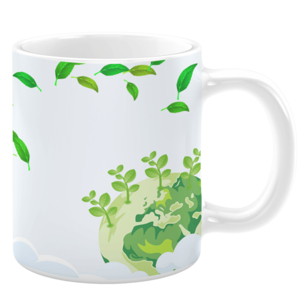 White ceramic 11oz mug featuring an eco-friendly design with a green Earth sprouting leafy plants, surrounded by floating leaves and soft white clouds against a clean white background, symbolizing growth and sustainability.