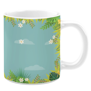 White ceramic 11oz mug featuring a tranquil nature-inspired design with vibrant green foliage, delicate white flowers, and soft clouds against a serene blue background, creating a refreshing and peaceful aesthetic.