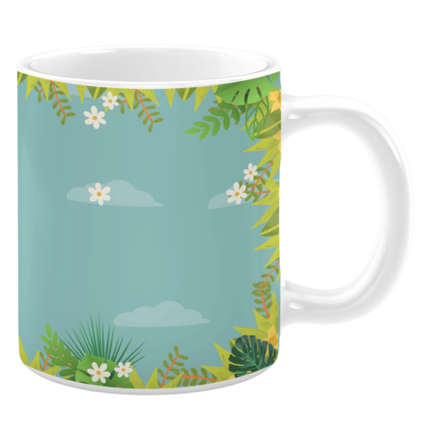 White ceramic 11oz mug featuring a tranquil nature-inspired design with vibrant green foliage, delicate white flowers, and soft clouds against a serene blue background, creating a refreshing and peaceful aesthetic.