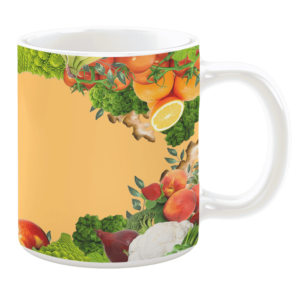 White 11oz ceramic mug featuring a vibrant design with colorful fruits and vegetables framing the edges. The composition includes oranges, lemons, strawberries, peaches, broccoli, cauliflower, and leafy greens, set against a warm yellow background for a fresh and lively look.
