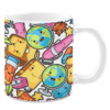 White ceramic 11oz mug featuring a playful pattern of smiling school supplies, including globes, books, pencils, erasers, and paperclips, interspersed with colorful autumn leaves and stars on a bright white background.