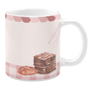White 11oz ceramic mug featuring a charming bakery-themed design. It includes illustrations of a pie and stacked brownies on a pink gingham tablecloth, with a striped awning at the top and delicate outlines of utensils in the background, creating a cozy and nostalgic feel.