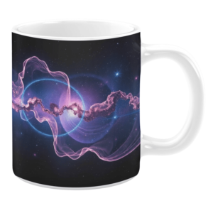 White ceramic mug featuring a mesmerizing cosmic design with swirling purple and pink nebulae, glowing blue energy rings, and a backdrop of deep space stars, creating a captivating and ethereal aesthetic.
