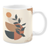 White 11oz ceramic mug featuring an abstract design with earthy tones of beige, terracotta, and charcoal gray. The composition includes geometric shapes, a stylized branch with leaves, and minimalistic line art for a modern, artistic aesthetic.