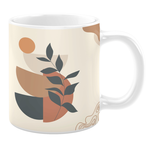 White 11oz ceramic mug featuring an abstract design with earthy tones of beige, terracotta, and charcoal gray. The composition includes geometric shapes, a stylized branch with leaves, and minimalistic line art for a modern, artistic aesthetic.