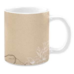 White 11oz ceramic mug featuring a textured beige background with a minimalist design. It includes delicate white line art of flowers and a subtle mountain outline at the base, creating a natural and earthy aesthetic.