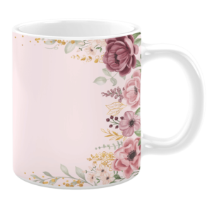 White 11oz ceramic mug featuring a soft pink background with an elegant floral border design. The arrangement includes blush pink and deep mauve flowers accented with green leaves and delicate gold detailing, creating a sophisticated and romantic aesthetic.