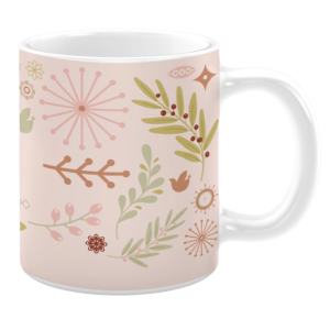 White 11oz ceramic mug featuring a pastel pink background adorned with a variety of botanical and nature-inspired illustrations, including leaves, berries, flowers, and abstract designs, creating a soft and whimsical aesthetic.