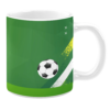 White ceramic 11oz mug with a green background, a white and yellow diagonal stripe design, and a black-and-white soccer ball graphic in the center.
