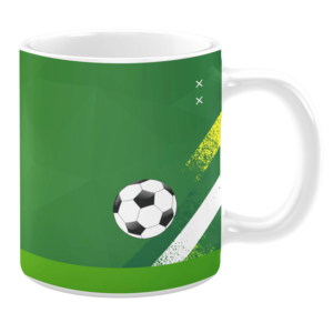 White ceramic 11oz mug with a green background, a white and yellow diagonal stripe design, and a black-and-white soccer ball graphic in the center.