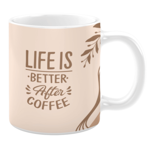 White 11oz ceramic mug featuring the text 