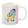White 11oz ceramic mug featuring a playful cartoon ice cream cone character with blue and pink scoops, wearing sneakers and glasses, against a cream background with a pink checkered stripe for a fun and whimsical design.