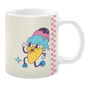 White 11oz ceramic mug featuring a playful cartoon ice cream cone character with blue and pink scoops, wearing sneakers and glasses, against a cream background with a pink checkered stripe for a fun and whimsical design.