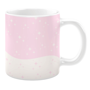White 11oz ceramic mug featuring a light pink and cream gradient background adorned with scattered star patterns, creating a whimsical and dreamy design.
