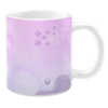 White 11oz ceramic mug featuring a soft lavender and pink watercolor background with delicate purple floral accents and subtle curved line patterns for a calming and elegant design.