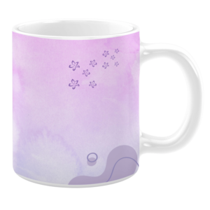 White 11oz ceramic mug featuring a soft lavender and pink watercolor background with delicate purple floral accents and subtle curved line patterns for a calming and elegant design.