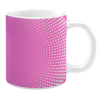 White 11oz ceramic mug featuring a bright pink background with a dotted gradient pattern of white circles forming a dynamic and modern design.