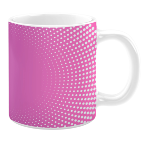 White 11oz ceramic mug featuring a bright pink background with a dotted gradient pattern of white circles forming a dynamic and modern design.