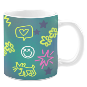 White ceramic mug with a fun neon-style design featuring colorful doodles, including a heart in a speech bubble, a smiling face with crossed-out eyes, stars, flowers, and a playful dog, all set against a teal background for a lively and modern aesthetic.