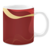 White 11oz ceramic mug featuring a bold red background with smooth golden wavy accents and subtle line patterns, creating a dynamic and elegant design.