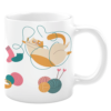 White ceramic mug featuring a playful design of a cheerful orange and white cat tangled in teal yarn, surrounded by colorful balls of yarn, pink knitting needles, and scattered socks, creating a fun and cozy vibe.