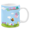 White ceramic 11oz mug featuring a cheerful springtime scene with three colorful birds perched on a branch, a butterfly in flight, pastel balloons floating, and vibrant flowers blooming in a green meadow under a bright blue sky with fluffy clouds.