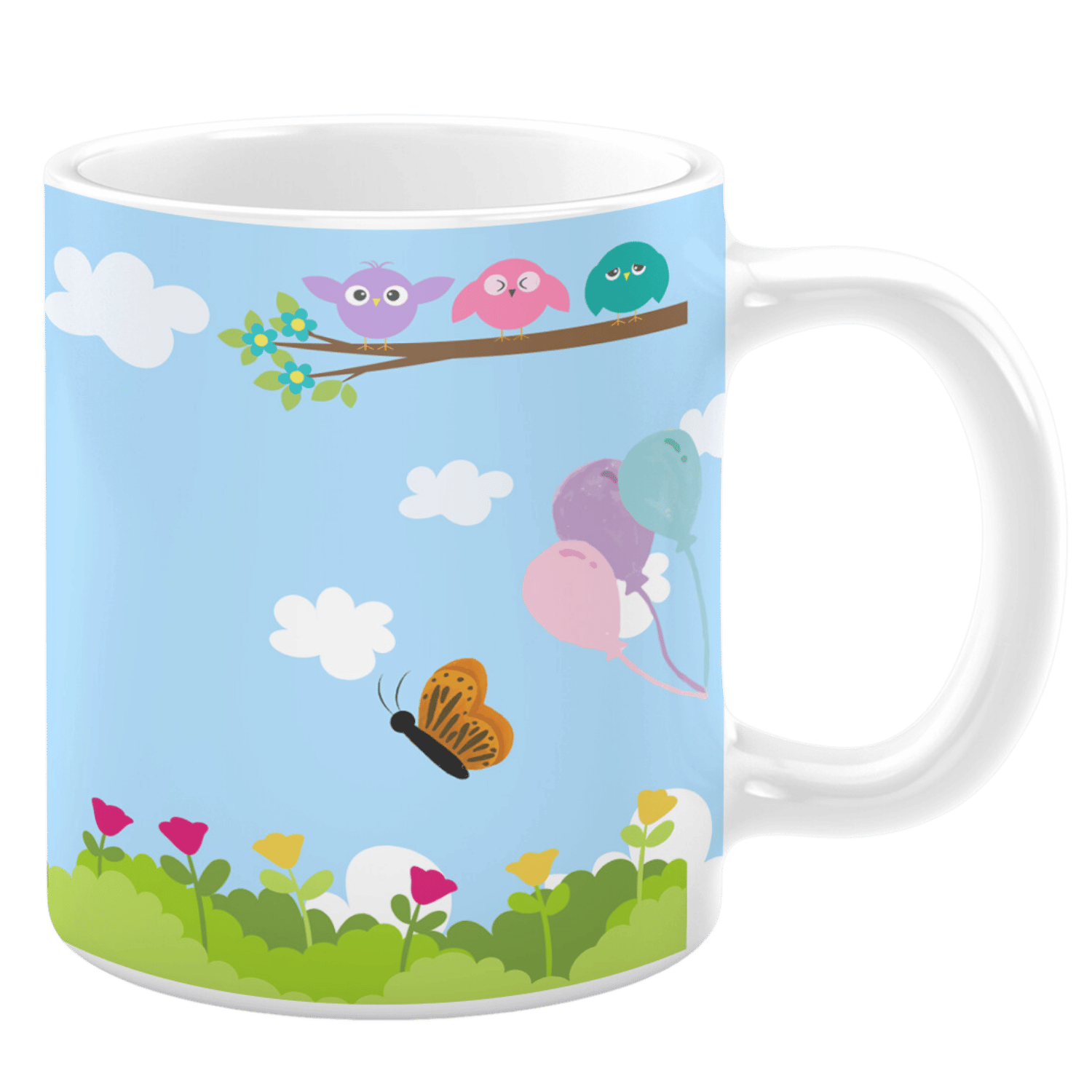 White ceramic 11oz mug featuring a cheerful springtime scene with three colorful birds perched on a branch, a butterfly in flight, pastel balloons floating, and vibrant flowers blooming in a green meadow under a bright blue sky with fluffy clouds.