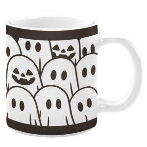 White ceramic 11oz mug featuring a monochrome Halloween-themed design with a crowd of adorable ghost illustrations, some with smiling jack-o'-lantern faces, outlined in black against a white background for a playful spooky vibe.
