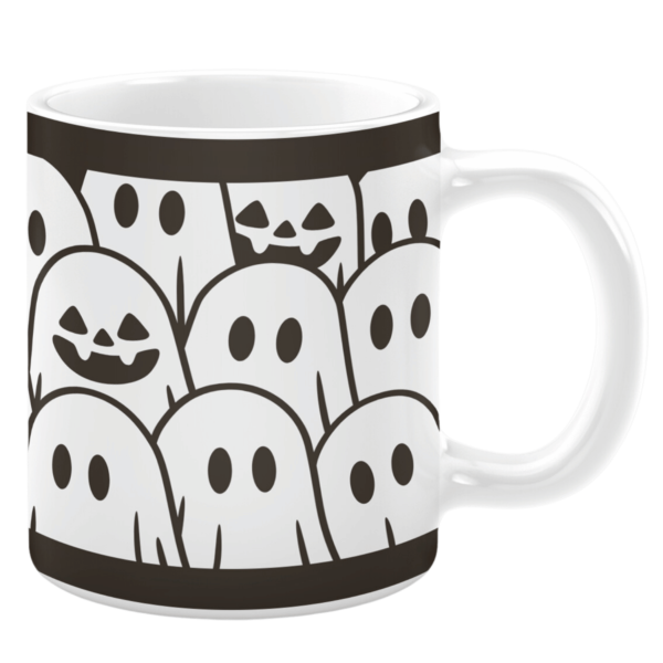 White ceramic 11oz mug featuring a monochrome Halloween-themed design with a crowd of adorable ghost illustrations, some with smiling jack-o'-lantern faces, outlined in black against a white background for a playful spooky vibe.