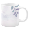 White ceramic 11oz mug featuring a minimalist design with soft watercolor strokes in pastel shades and a delicate branch with muted blue and purple leaves, creating a serene and artistic aesthetic.