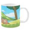 White ceramic 11oz mug featuring a serene camping scene with a beige tent pitched on a grassy hillside near a calm blue lake, framed by a tall tree and rolling green hills under a bright, sunny sky with fluffy white clouds.