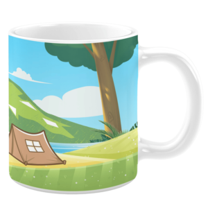 White ceramic 11oz mug featuring a serene camping scene with a beige tent pitched on a grassy hillside near a calm blue lake, framed by a tall tree and rolling green hills under a bright, sunny sky with fluffy white clouds.