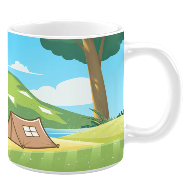 White ceramic 11oz mug featuring a serene camping scene with a beige tent pitched on a grassy hillside near a calm blue lake, framed by a tall tree and rolling green hills under a bright, sunny sky with fluffy white clouds.