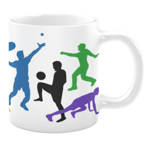 This mug showcases a dynamic design of multicolored silhouettes engaging in various sports activities, making it an energetic choice for athletes and sports enthusiasts.