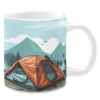 White ceramic 11oz mug featuring a vibrant camping scene with an orange tent pitched on a grassy area surrounded by evergreen trees, with a backdrop of blue mountains under a sky dotted with clouds and birds in flight.