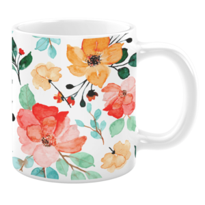 This mug features a vibrant watercolor floral design with bold splashes of red, orange, and green, bringing a lively and cheerful feel to your drinkware. Perfect for brightening up your day!