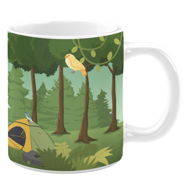 White ceramic 11oz mug featuring a camping scene with a green and yellow tent, lush foliage, tall trees, and two birds—one perched on a tent and another on a tree branch.