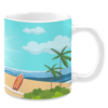 White ceramic 11oz mug featuring a vibrant beach scene with a sandy shoreline, palm trees, bushes, a red and yellow surfboard, and an ocean under a sunny sky with clouds.