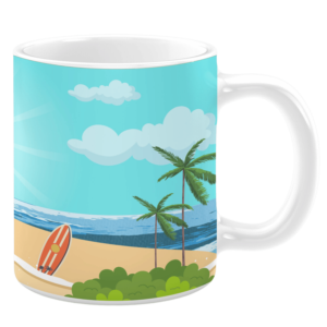 White ceramic 11oz mug featuring a vibrant beach scene with a sandy shoreline, palm trees, bushes, a red and yellow surfboard, and an ocean under a sunny sky with clouds.