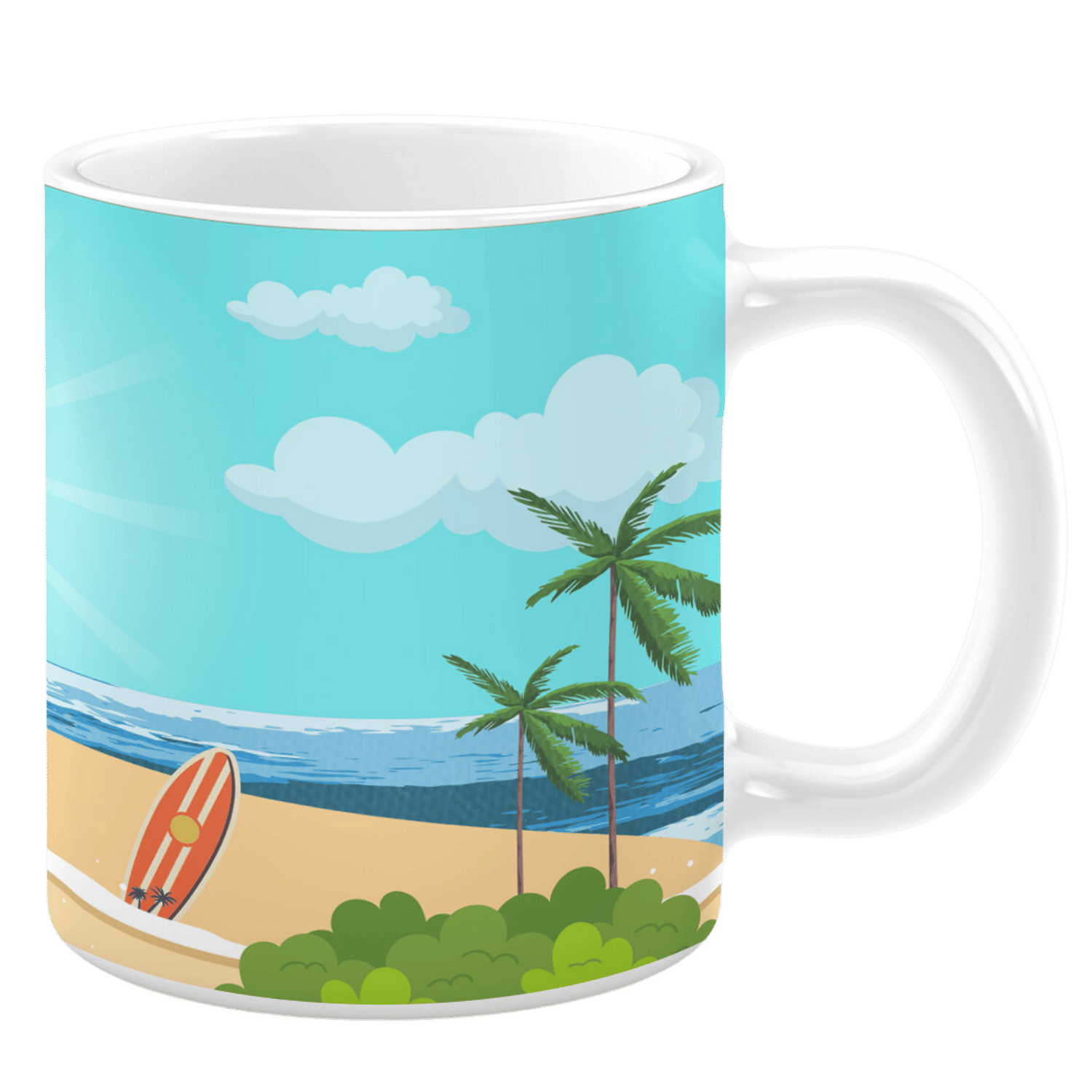 White ceramic 11oz mug featuring a vibrant beach scene with a sandy shoreline, palm trees, bushes, a red and yellow surfboard, and an ocean under a sunny sky with clouds.