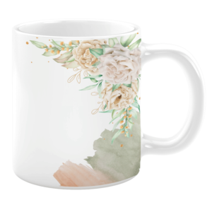 This mug features a soft floral design with delicate cream-colored roses and muted greenery. The watercolor-style accents add a graceful touch, perfect for elevating your coffee or tea experience.