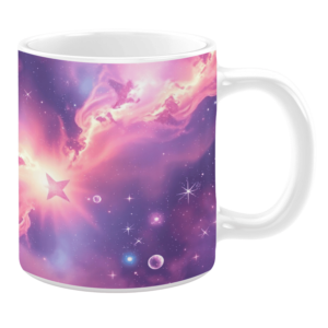 White ceramic mug featuring a vibrant cosmic design with swirling pink and purple nebulae, bright glowing stars, and a backdrop of deep space, creating a magical and otherworldly aesthetic.