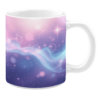White ceramic mug adorned with a dreamy cosmic design featuring soft gradients of pink and purple, with glowing stars and swirling blue and purple nebulae, creating a serene and magical space scene.