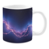 White ceramic 11oz mug with a cosmic design featuring a deep blue and purple starry background, accented by glowing pink and white wave-like lines that resemble constellations.