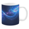 White ceramic 11oz mug with a cosmic design featuring a vibrant blue and purple starry background, highlighted by swirling patterns of pink and white light resembling galactic waves.