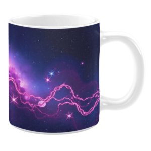 White ceramic 11oz mug with a dark cosmic background showcasing vibrant pink nebulae. Thin glowing pink lines weave through the design, surrounded by scattered stars and soft light gradients.